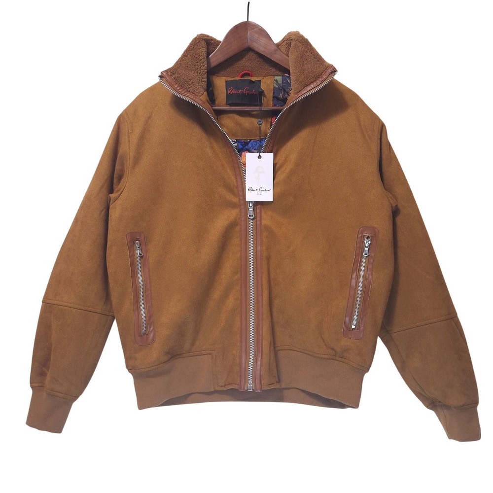 Robert Graham RG-51 Mens S Faux Suede Bomber Jacket Pop Art Quilt Lining Tan NWT